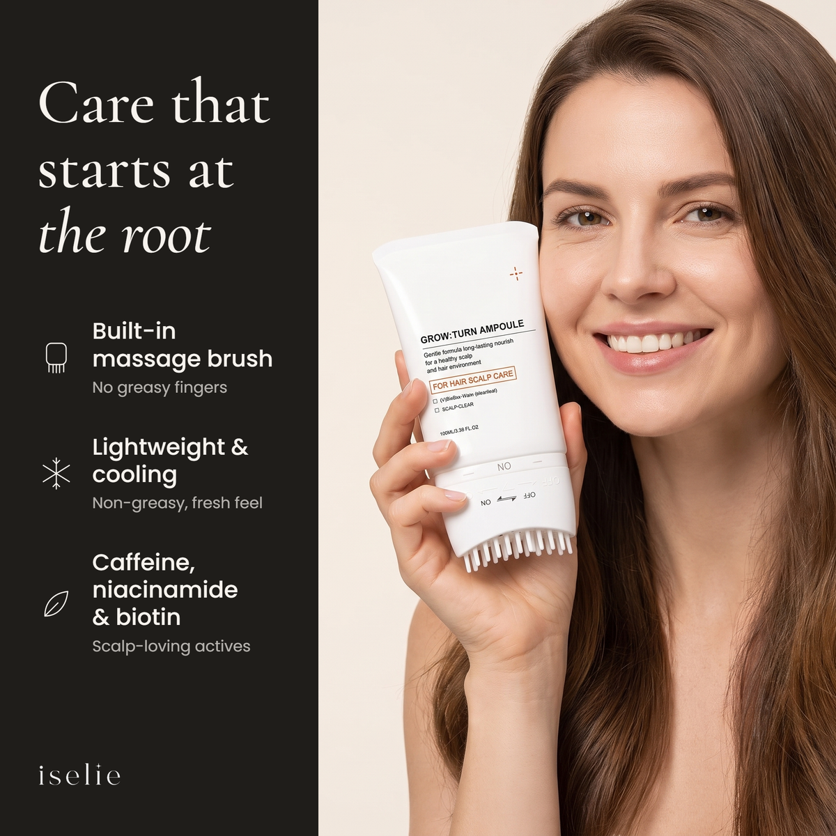 Care that starts at the root: built-in massage brush, lightweight and cooling, with caffeine, niacinamide and biotin