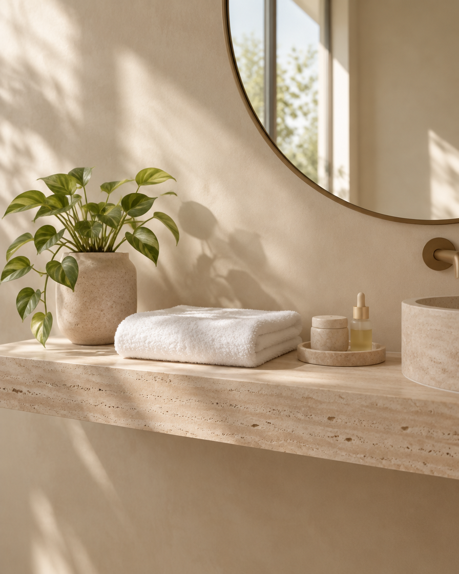 Calm bathroom shelf with mirror