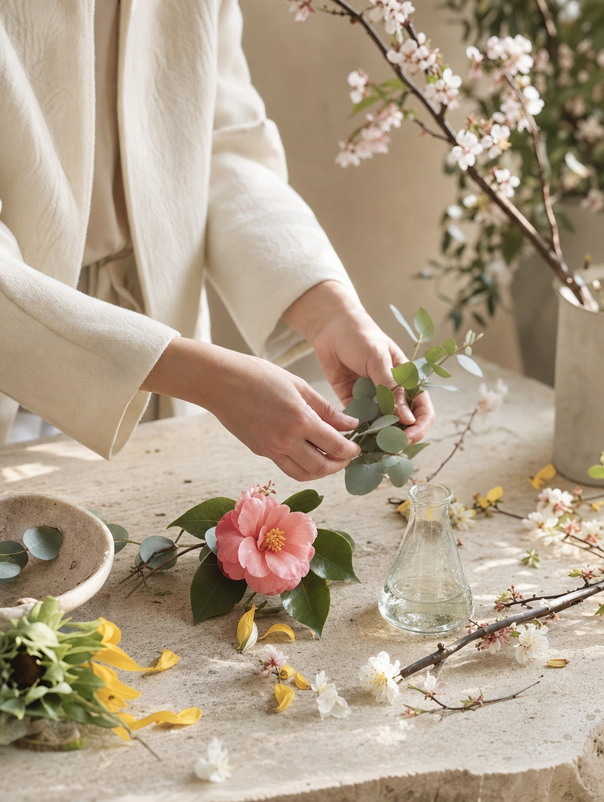 Handen die eucalyptus, camelia en bloesem schikken